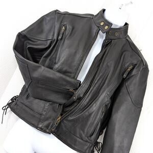 MAGNIFICENT BLACK PEBBLED LEATHER, BACK ZIP VENT, SIDE TIES, BIKER JACKET! SZ M